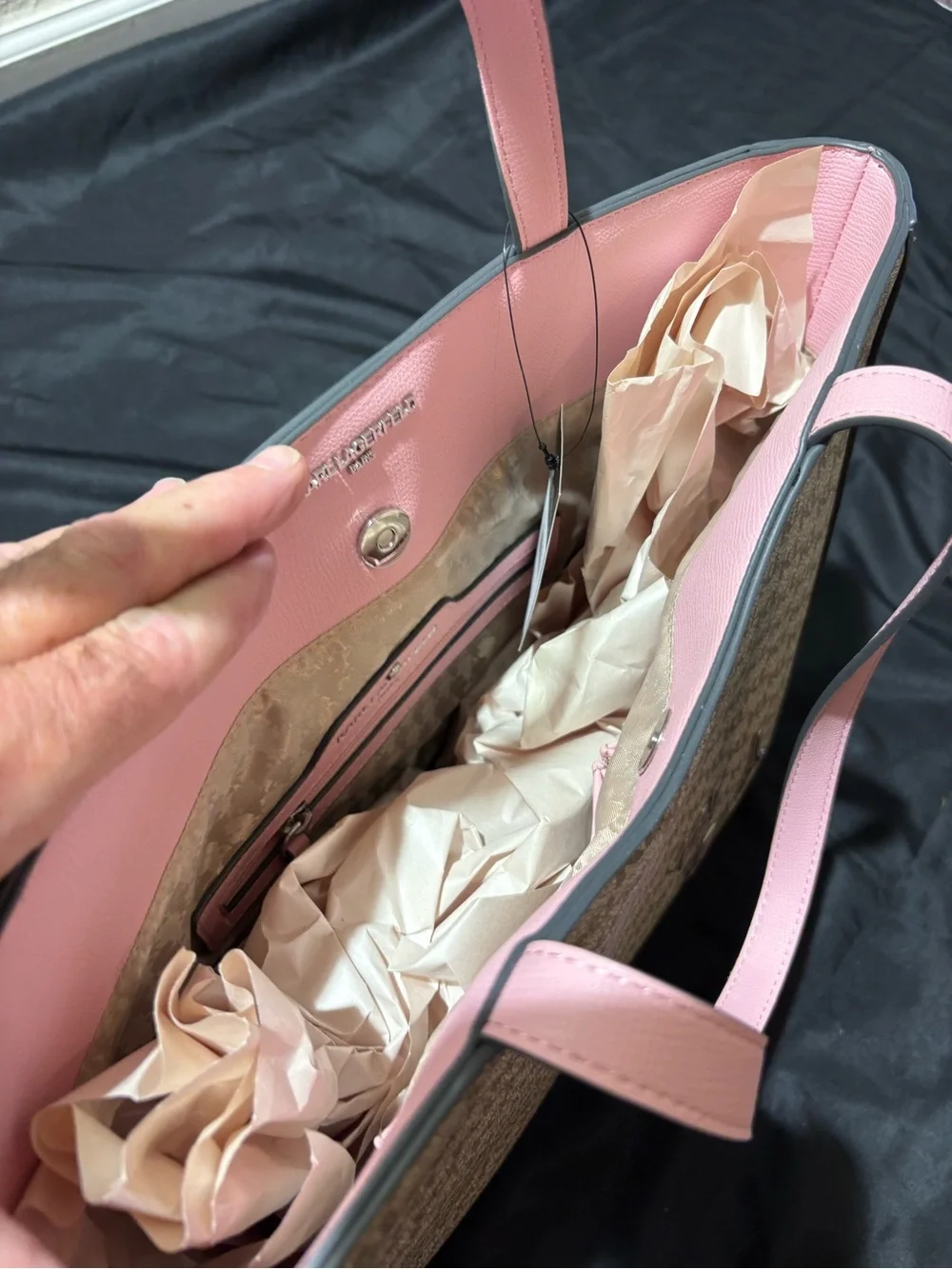 Karl Lagerfeld Beige Monogram Tote with Pink Trim